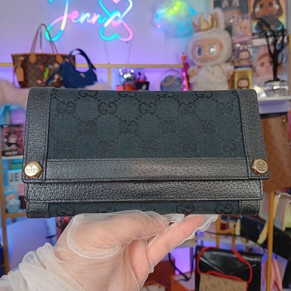 Gucci Vintage Black Monogram Canvas Leather Double Flap Snap Wallet W Box - Picture 2 of 15